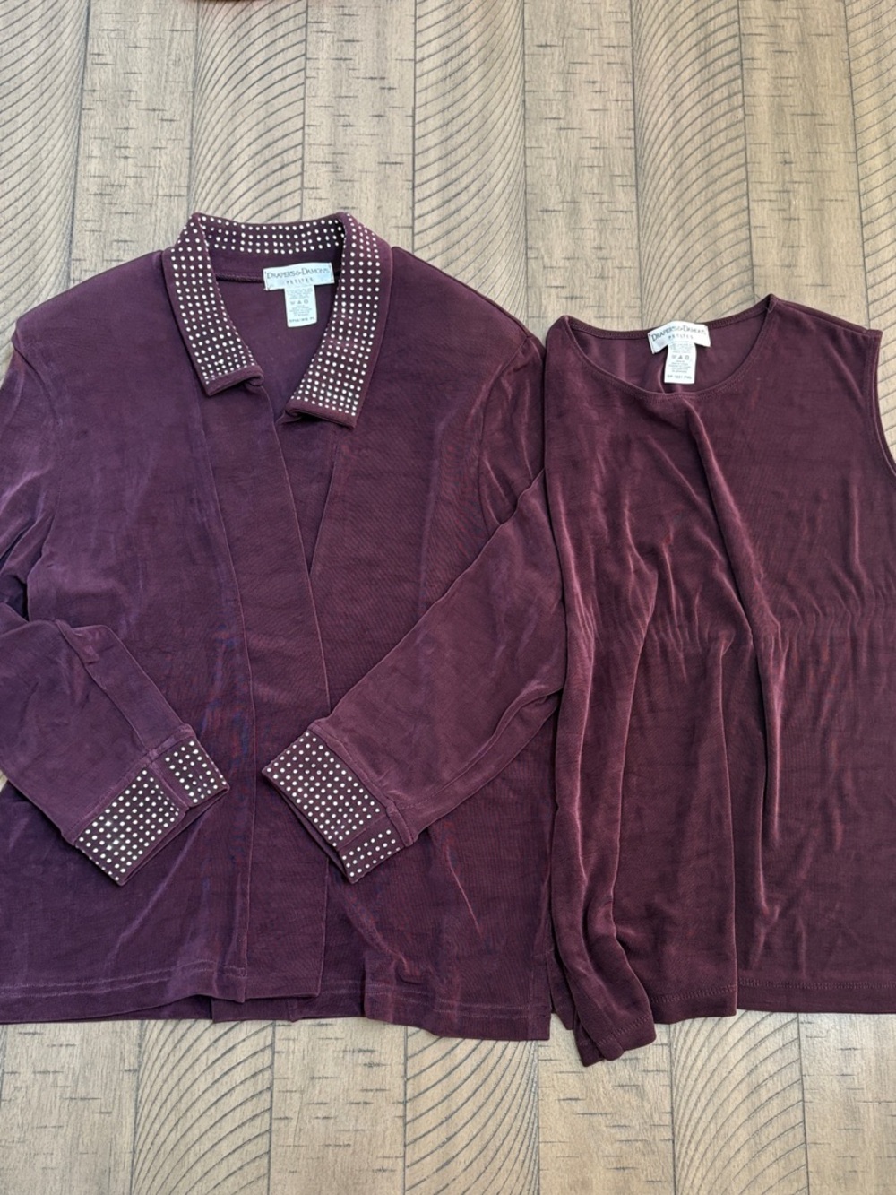 Embellished Collar Velour Cardigan & Shell Set in Deep Plum